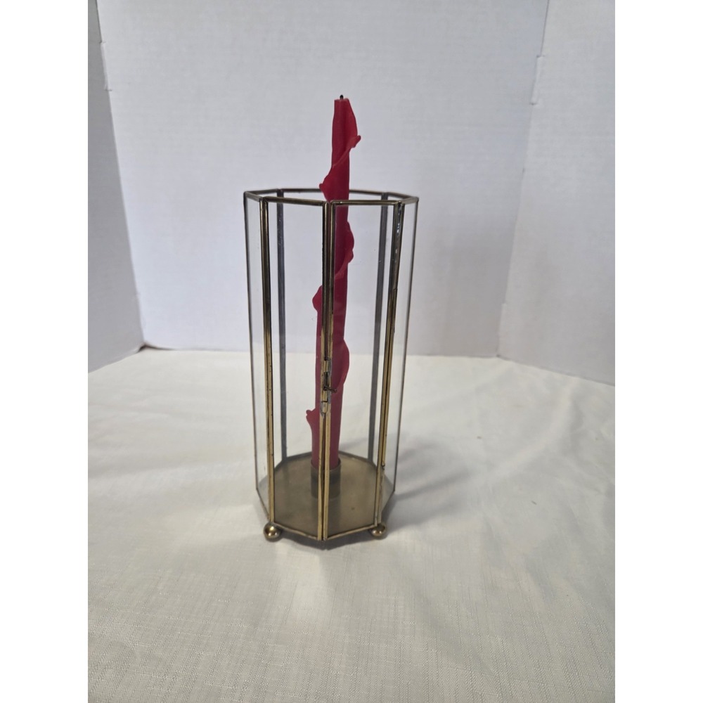 brass & glass octagon taper candle lantern, vintage curio, regal, Victorian